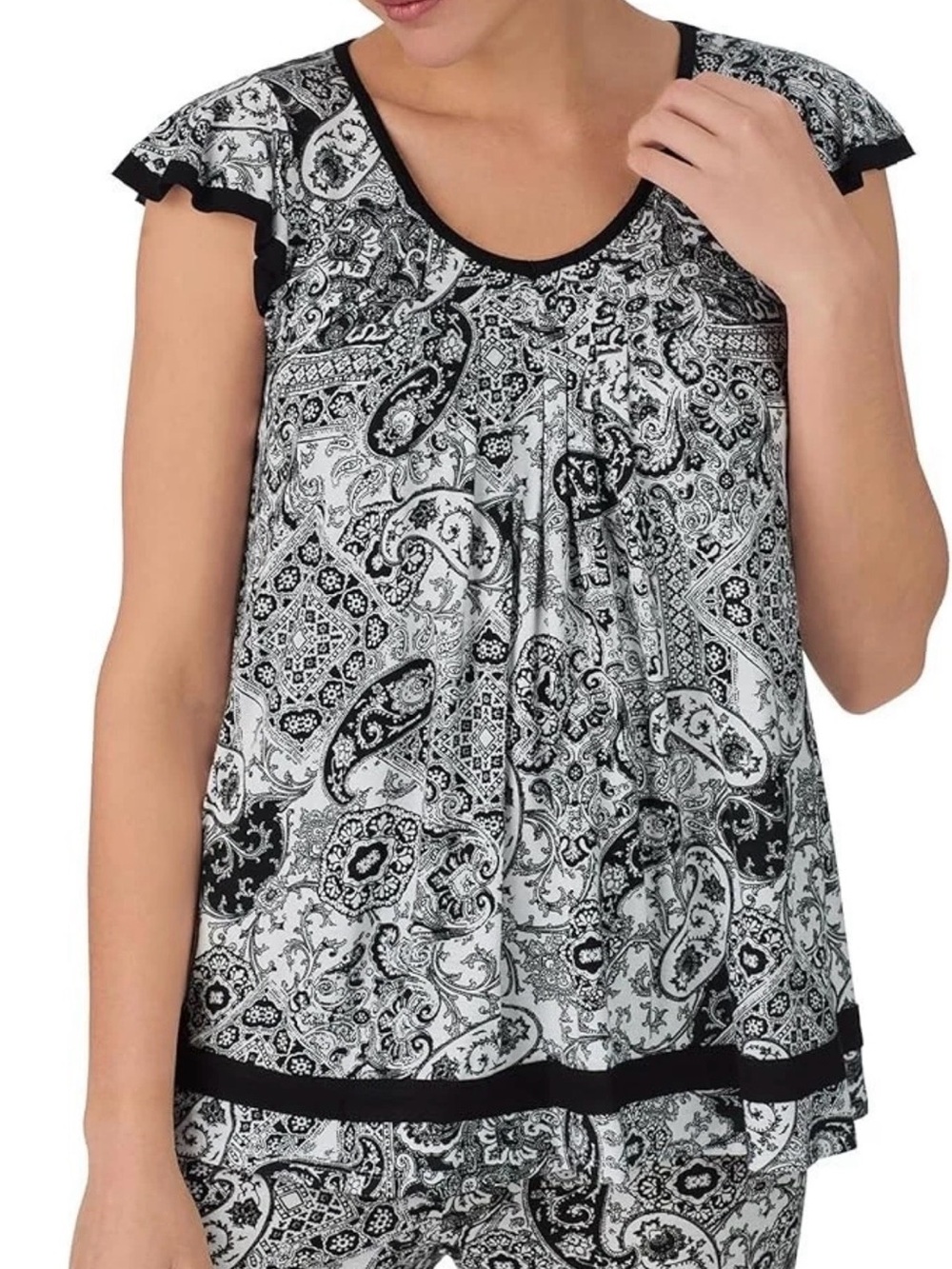 Ellen Tracy Women Black White Paisley Floral Ruffle Sleeve Sleep Pajama Top~ Lg